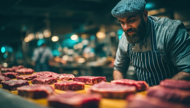 Male chef in a gray apron and cap inspects fresh cuts of beef on a wooden table in a bustling restaurant kitchen with blurred chefs in the background