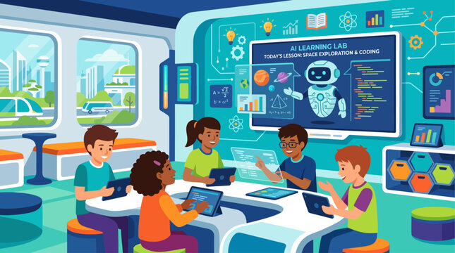 Future Tech Classroom Children Learning AI and Coding in Futuristic School Lab Vektor