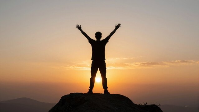 Silhouetted person raising arms on cliff at sunrise overlooking landscape