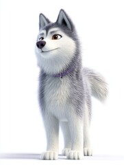 Fototapeta premium Cute Husky Dog Standing And Looking Away With A Soft Smile And Purple Collar