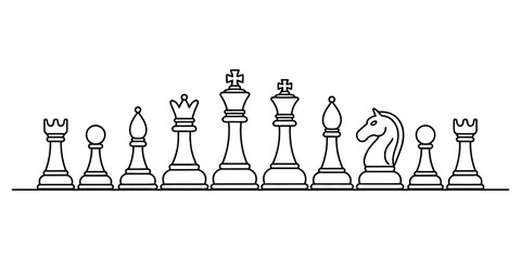 Set of chess pieces icons in a simple black and white line art style for strategic games and business competition concepts © Kanu Art_Gallery