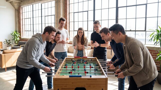 Group of young adults playing foosball table in modern office game room with large windows 4k