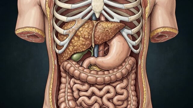Human liver cirrhosis with damaged tissue, visible gallbladder, stomach and intestines, detailed healthcare education visualization concept, 4K video