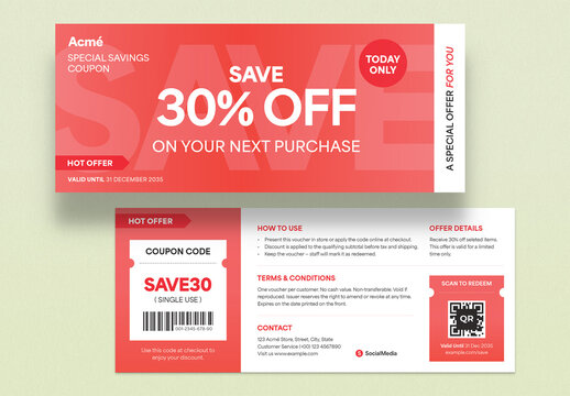 Discount Coupon Voucher Template, Promotional Gift Certificate, Retail Sale Ticket, Offer Card Layout