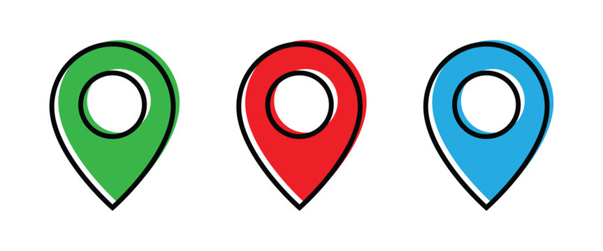 Map location pin icon set in green red and blue colors representing navigation GPS tracking and destination markers for mobile apps, website and design element. Transparent PNG and vector