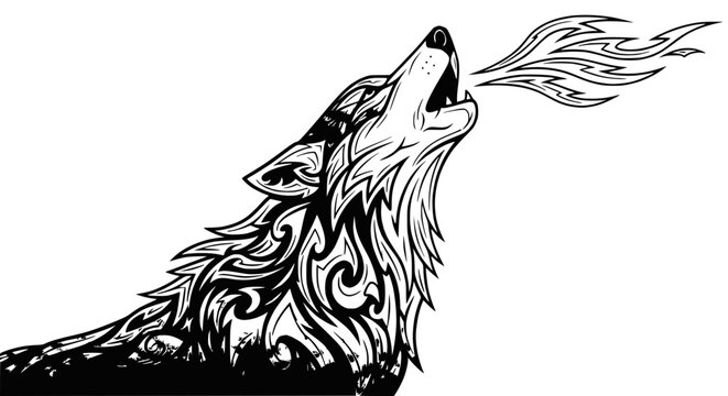Black and white wolf howling loudly.