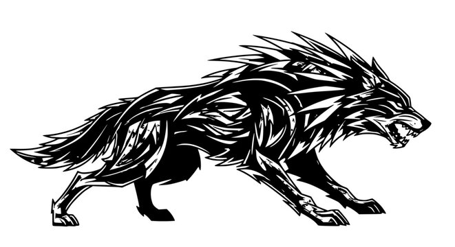 Black wolf with sharp teeth running.