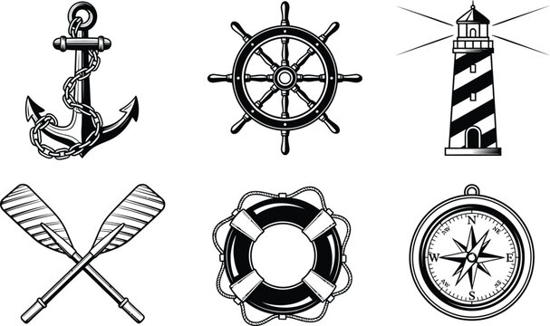 Nautical anchor, ship wheel, lighthouse, oars, lifebuoy, and compass chain helm