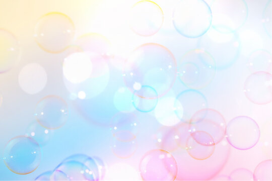 Beautiful Clear Colorful Soap Bubbles Fantasy. Celebration Festive Backdrop. Freshness Soap Suds Bubbles Water. Blue, Pink and White Gradient Textured. Colors Fantasy Blurred Background.