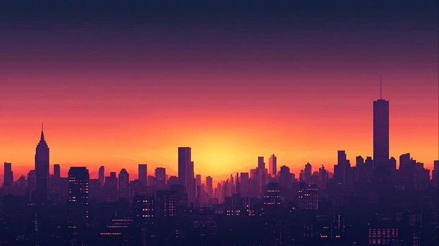 Silhouette of New York City skyline with Empire State Building and One World Trade Center during a vibrant orange sunset