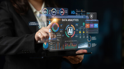 Fototapeta premium Business professional interacting with futuristic data analytics interface showcasing charts, graphs, trends, and metrics in a modern office environment Fluxor.