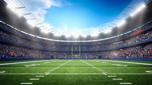 American football stadium with green field and crowd under blue sky 4k