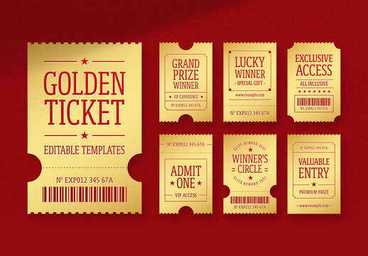 Golden Ticket Template Set For Raffle, Giveaway, VIP Pass, Prize Voucher, Admit One Cards