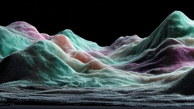 Complex three dimensional terrain rendering displays rolling peaks of small luminous particles against a dark background