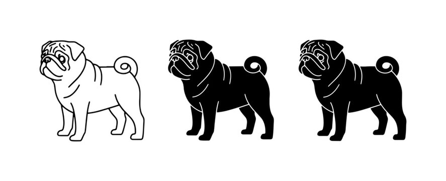 Pug Dog Icons, Black and White Vector Art, Pet Silhouette Collection