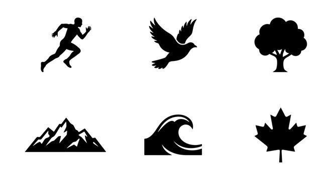 Nature and Activity Icons: Runner, Dove, Tree, Mountain, Wave, Maple Leaf