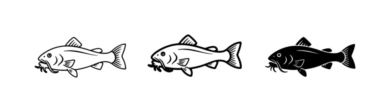 Fish Icons Set: Carp, Catfish, Outline, Silhouette, Vector Art