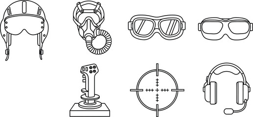Naklejka premium Collection of aviation and gaming accessories: helmet, oxygen mask, goggles, joystick, crosshairs, and headphones