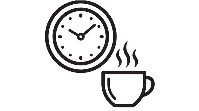 Cup coffee icon with steam rising and clock showing time featuring breakfast, morning, caffeine with beverage and drink elements for hot, morning