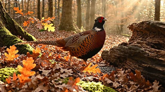 Magnificent pheasant perched in autumn forest amongst fallen leaves, illuminated by sunlight through trees.