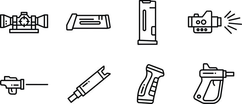 Set of black line depicting firearm accessories and components accessory scope sight