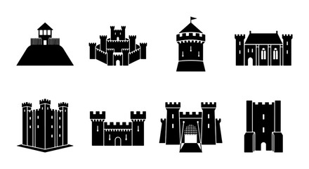 Medieval Castle Icons, Fortress Vector Set, Royal Palace Building Collection © Fahmida