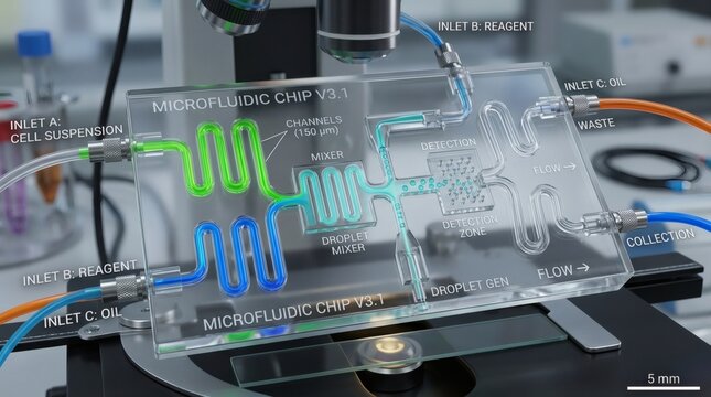 Microfluidic chip, lab equipment, scientific device, biotechnology tool, clear plastic lab chip