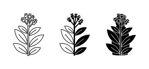 Botanical Plant Icons: Outline, Silhouette, and Filled Leaf Designs © Sabiha