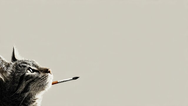 Close up cat biting artist brush graphic for innovative marketing agency or unique content creation banner