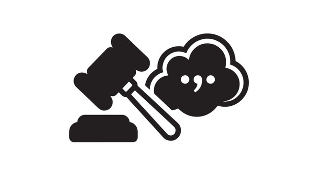 Gavel and thought cloud icon with semicolon symbol featuring legal, justice, court with law and judge elements for ruling, decision projects, clean