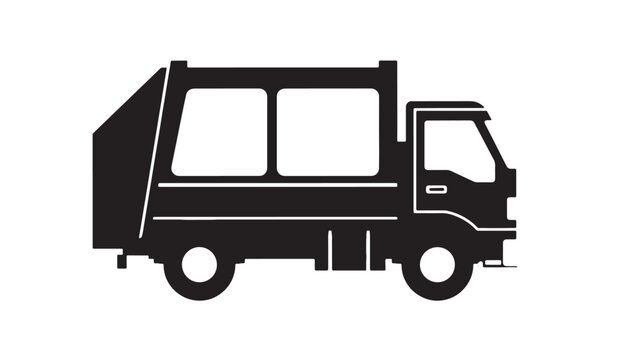 Garbage truck waste collection icon with cab compactor and recycling bin symbol for municipal services and sanitation apps