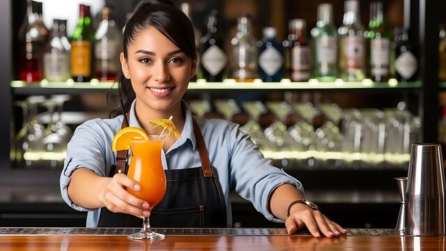 Friendly bartender serving a colorful cocktail with orange garnish.
