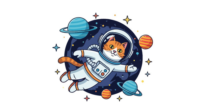 Vector illustration of an orange tabby cat wearing a white astronaut suit and helmet floating in outer space with planets, rings, and stars on a white background.