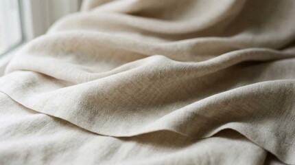 Fototapeta premium Soft beige fabric, linen texture, wrinkled cloth, natural material