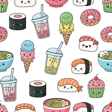 Cute pixel art food seamless pattern with sushi ramen and sweets