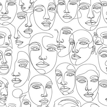 Seamless pattern of abstract faces in minimalist black line art