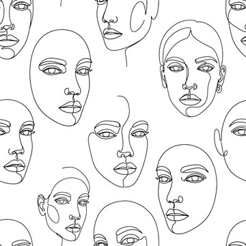 Abstract minimalist line art pattern with female faces