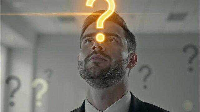 Pondering a question mark above a man's head, symbolizing contemplation, uncertainty, and intellectual inquiry
