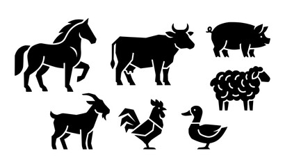 Stylized geometric farm animal silhouette icon set, modern livestock vector collection featuring cow horse goat pig chicken duck sheep isolated on white background © Md Humaun