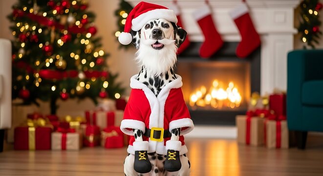 Dalmatian dog dressed in santa claus outfit christmas holiday celebration
