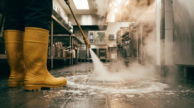 Kitchen worker cleaning floor with high-pressure sprayer in commercial kitchen, hygiene and food safety maintenance.