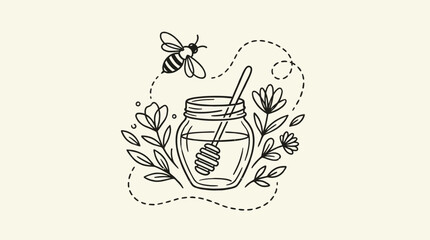Hand-drawn bee flying to honey jar with flowers and dipper, simple line art illustration © kesya