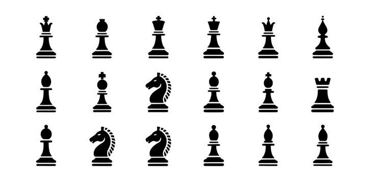 Chess pieces set with black and white silhouettes, king queen rooks bishops knights pawns for game design