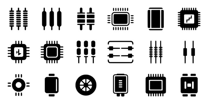 Circuit board technology icon set with microchip patterns and electronic components for UI interface design