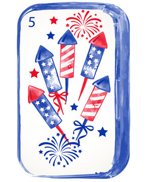 Patriotic American Flag Firework Bams Mahjong Tiles Set, 4th of July Watercolor Clipart