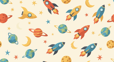 Naklejka premium Seamless vector pattern featuring colorful rocket ships, planets with rings, celestial stars, and crescent moons on a light cream background for textile and wallpaper design.