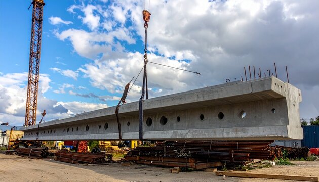Crane lifting concrete bridge girder at construction site