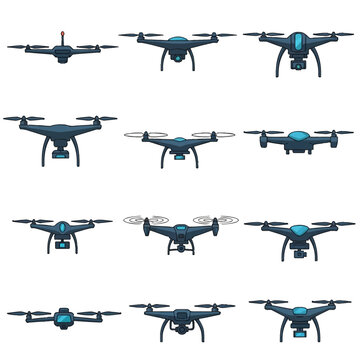 Vector set of twelve drone icons and unmanned aerial vehicle illustrations featuring various quadcopter designs with cameras, landing gear, and multi-rotor propellers on white background.