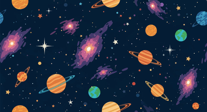 Seamless vector background pattern of outer space featuring colorful gas giant planets with rings, earth-like planets, purple nebulae, and various stars on a dark blue background.