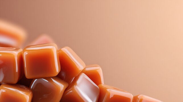 Stack of glossy, soft caramel candies piled in the lower portion of the frame against a muted background.
